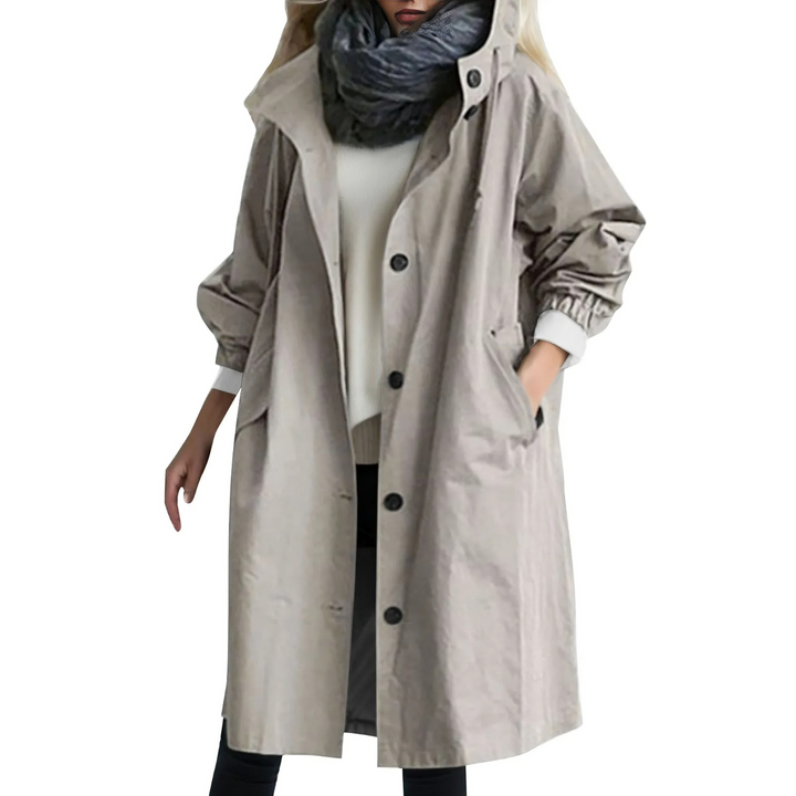 Windproof Women's Trench Coat with Hood - Luna-Gray-S-Nora Luxe