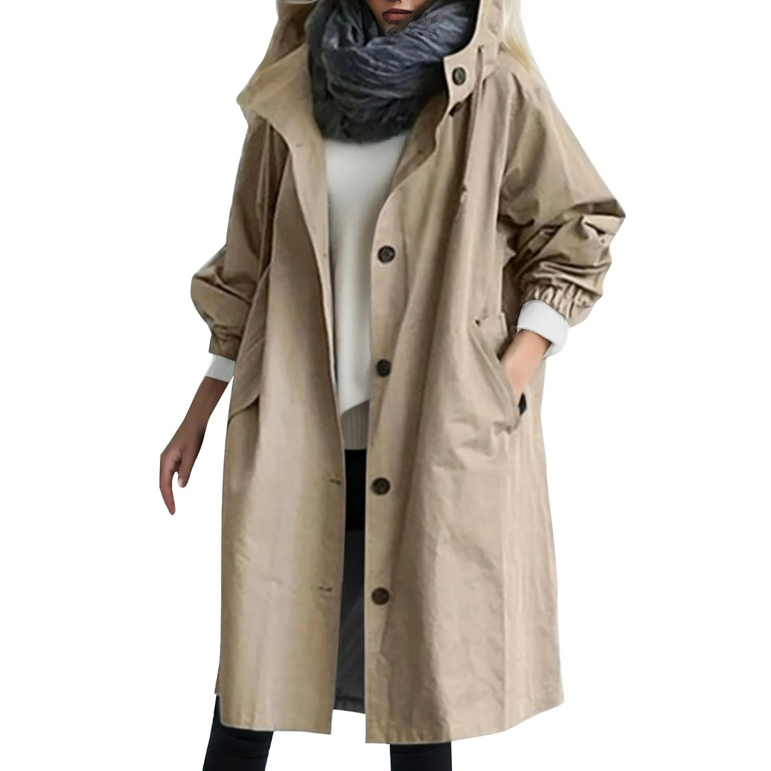 Windproof Women's Trench Coat with Hood - Luna-Khaki-S-Nora Luxe
