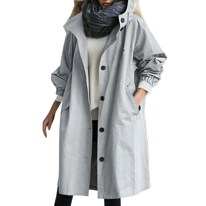 Windproof Women's Trench Coat with Hood - Luna-Light Gray-S-Nora Luxe