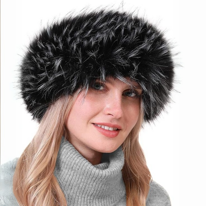Winter Headband made of Imitation Fur – Olga-Black with Tips-Nora Luxe