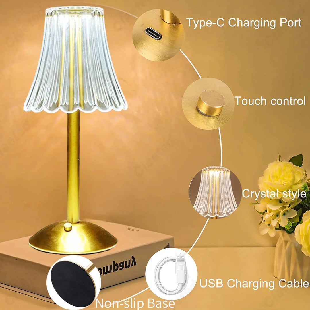Wireless Table Lamp with Crystal Decor and Dimmable Lighting - GlamLight-Nora Luxe