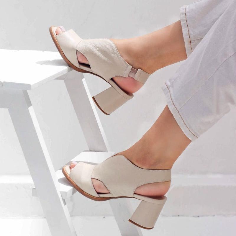 Women’s leather sandals with heel & comfort footbed – Selina-Beige-2.5-Nora Luxe