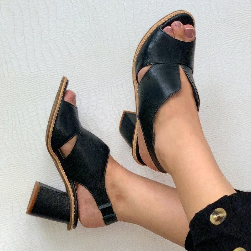 Women’s leather sandals with heel & comfort footbed – Selina-Black-2.5-Nora Luxe
