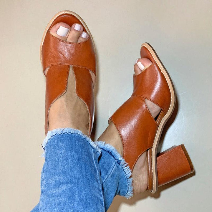 Women’s leather sandals with heel & comfort footbed – Selina-Brown-2.5-Nora Luxe