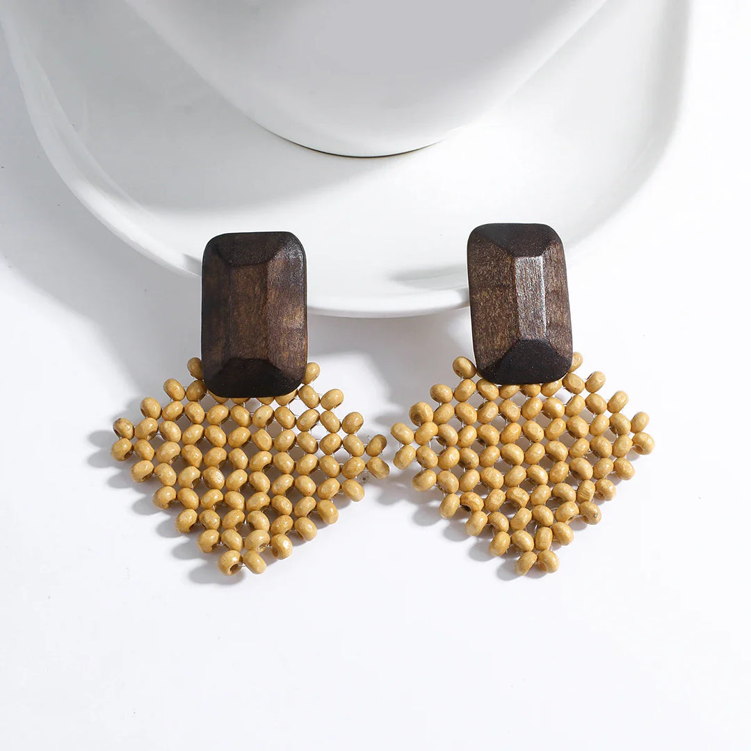 Wood and Rattan Drop Earrings | Unique Handmade Jewellery-DIAMOND BROWN-Nora Luxe