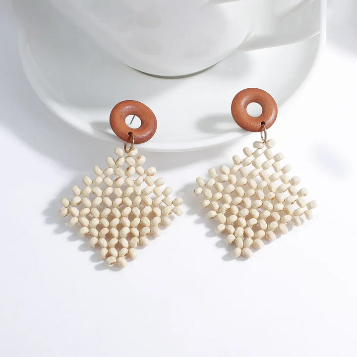Wood and Rattan Drop Earrings | Unique Handmade Jewellery-DIAMOND WHITE-Nora Luxe