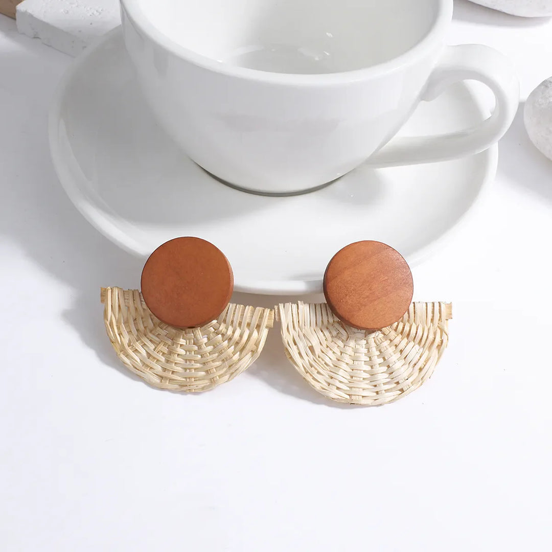 Wood and Rattan Drop Earrings | Unique Handmade Jewellery-FAN-Nora Luxe