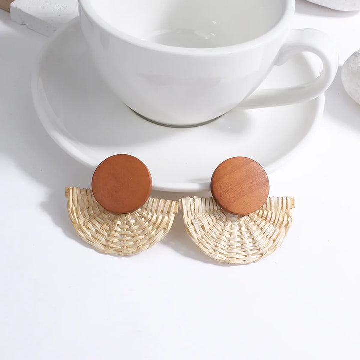 Wood and Rattan Drop Earrings | Unique Handmade Jewellery-FAN-Nora Luxe