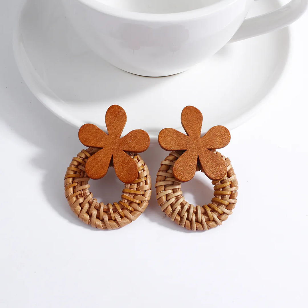 Wood and Rattan Drop Earrings | Unique Handmade Jewellery-FLOWER-Nora Luxe