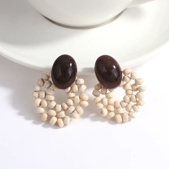 Wood and Rattan Drop Earrings | Unique Handmade Jewellery-ROUND 6-Nora Luxe