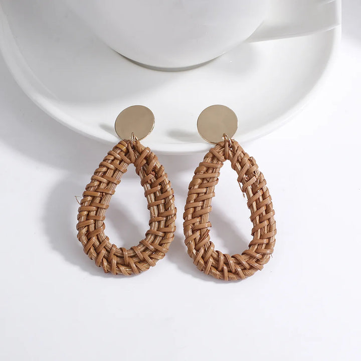 Wood and Rattan Drop Earrings | Unique Handmade Jewellery-TEARDROP 1-Nora Luxe