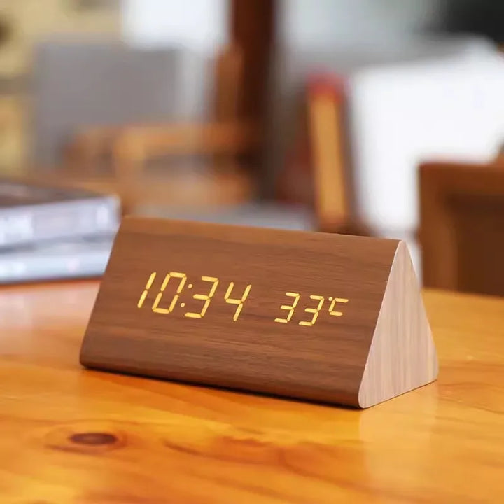 Wooden LED Clock with Voice Control - EcoClock-Brown Triangle-Nora Luxe