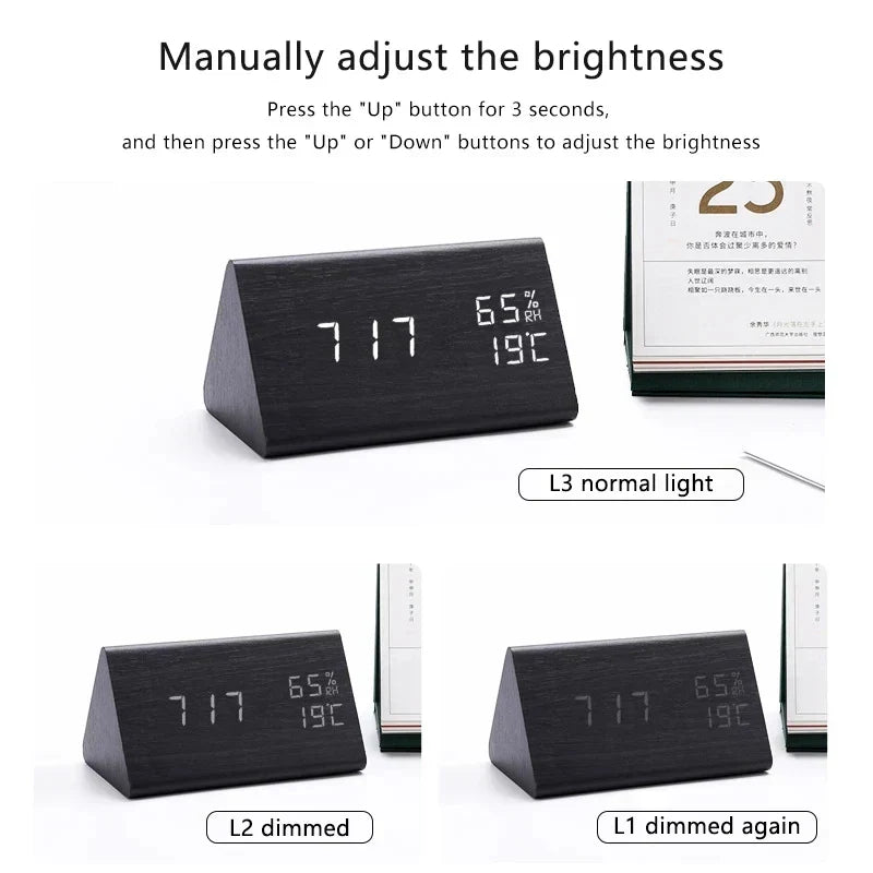 Wooden LED Clock with Voice Control - EcoClock-Brown Triangle-Nora Luxe