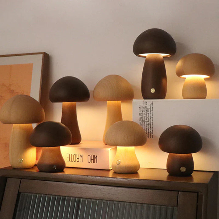 Wooden Mushroom LED Night Light - GlowShroom-Walnut-A-Nora Luxe