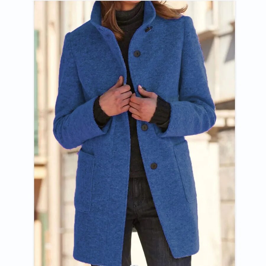 Wool coat with button closure for women - Eva-Dark Blue-S-Nora Luxe