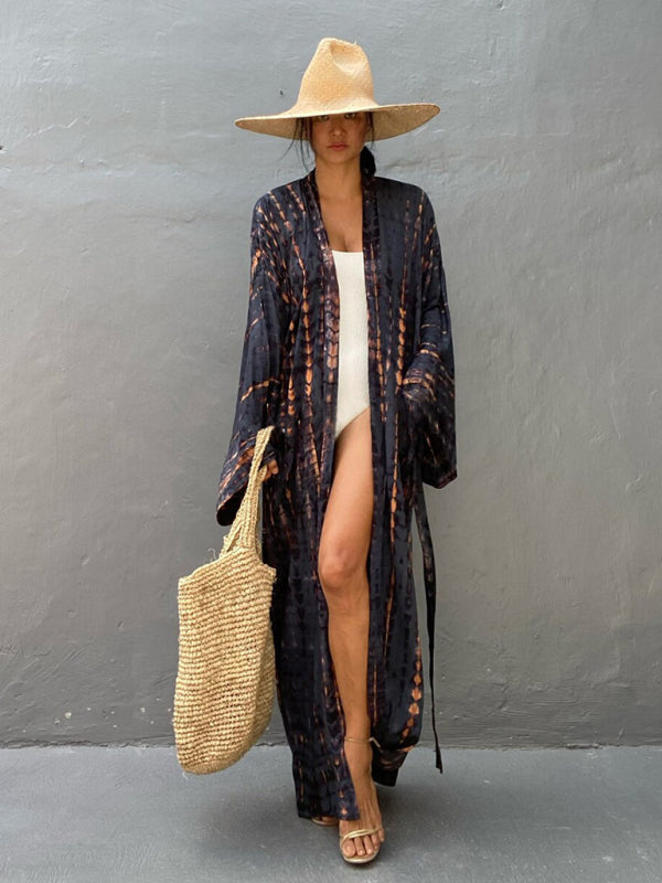 Woven kimono with tie belt – Leona-Black-One size fits all-Nora Luxe