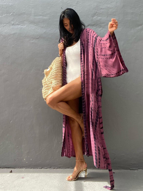 Woven kimono with tie belt – Leona-Pink-One size fits all-Nora Luxe