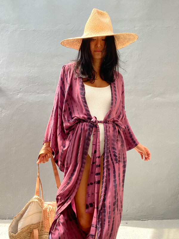 Woven kimono with tie belt – Leona-Pink-One size fits all-Nora Luxe