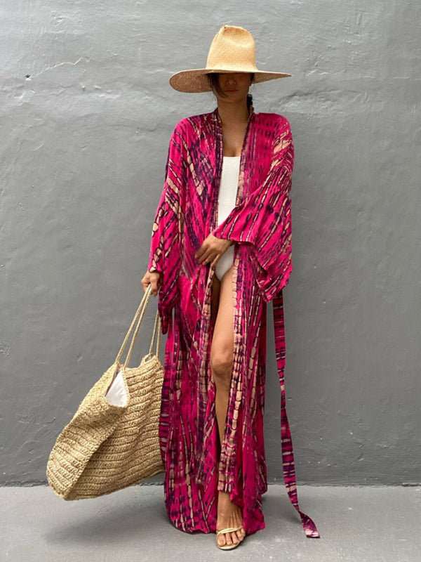 Woven kimono with tie belt – Leona-Pink-One size fits all-Nora Luxe