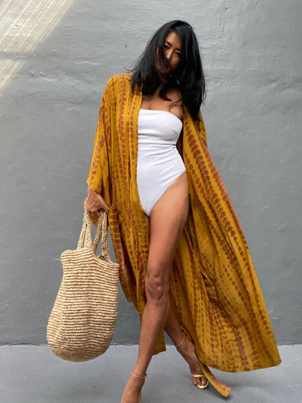 Woven kimono with tie belt – Leona-Pink-One size fits all-Nora Luxe