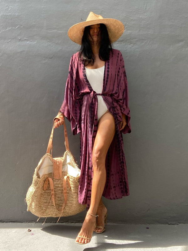 Woven kimono with tie belt – Leona-Pink-One size fits all-Nora Luxe