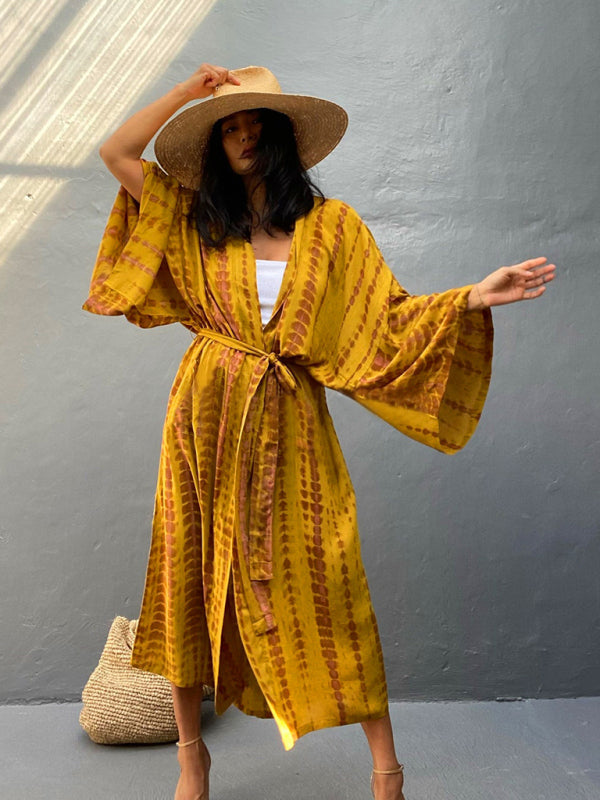 Woven kimono with tie belt – Leona-Yellow-One size fits all-Nora Luxe