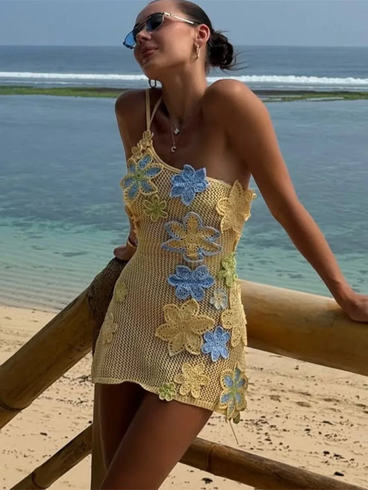 Yellow crocheted summer mini dress with floral embroidery for women – Nari-S-Nora Luxe
