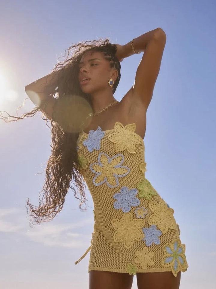 Yellow crocheted summer mini dress with floral embroidery for women – Nari-S-Nora Luxe