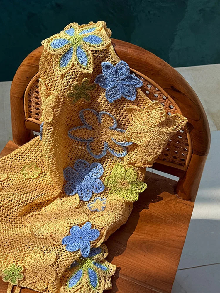 Yellow crocheted summer mini dress with floral embroidery for women – Nari-S-Nora Luxe