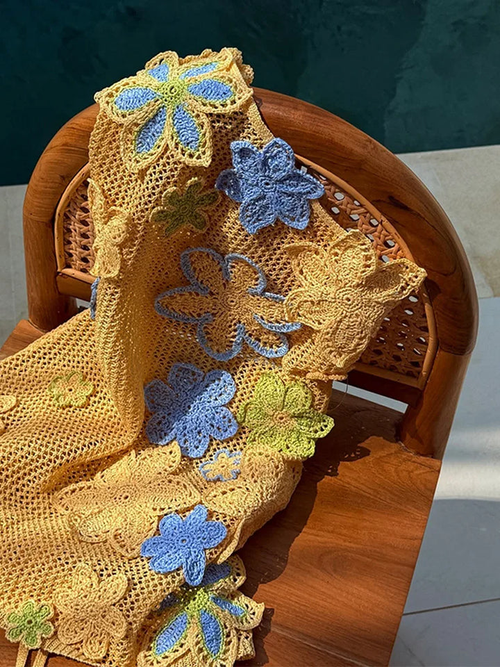 Yellow crocheted summer mini dress with floral embroidery for women – Nari-S-Nora Luxe