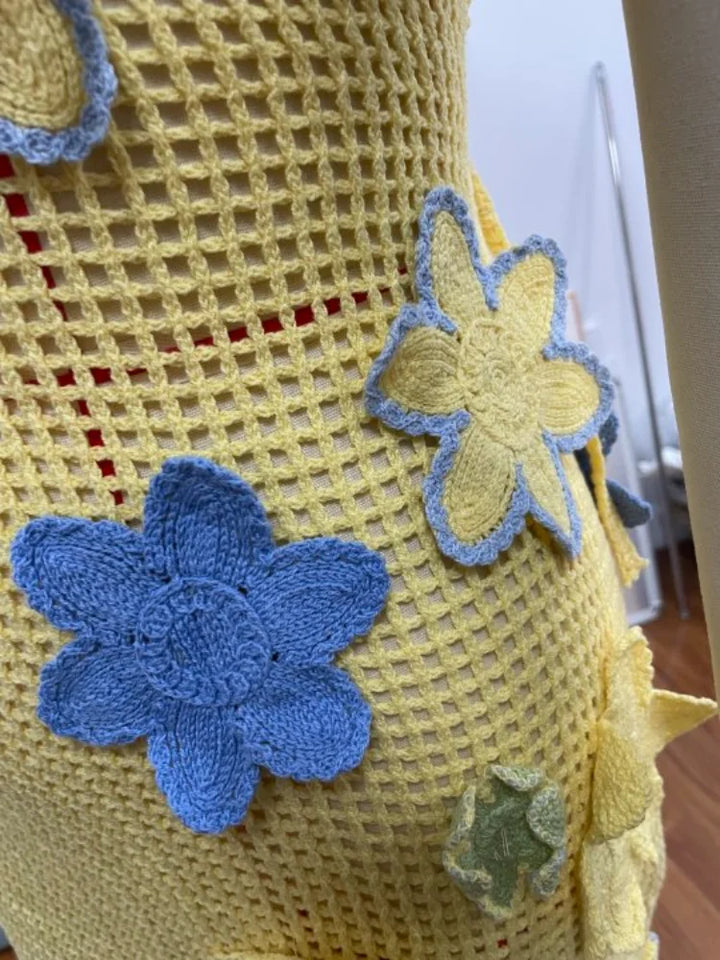Yellow crocheted summer mini dress with floral embroidery for women – Nari-S-Nora Luxe