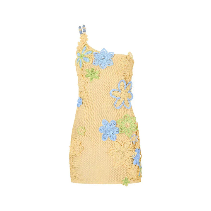 Yellow crocheted summer mini dress with floral embroidery for women – Nari-S-Nora Luxe