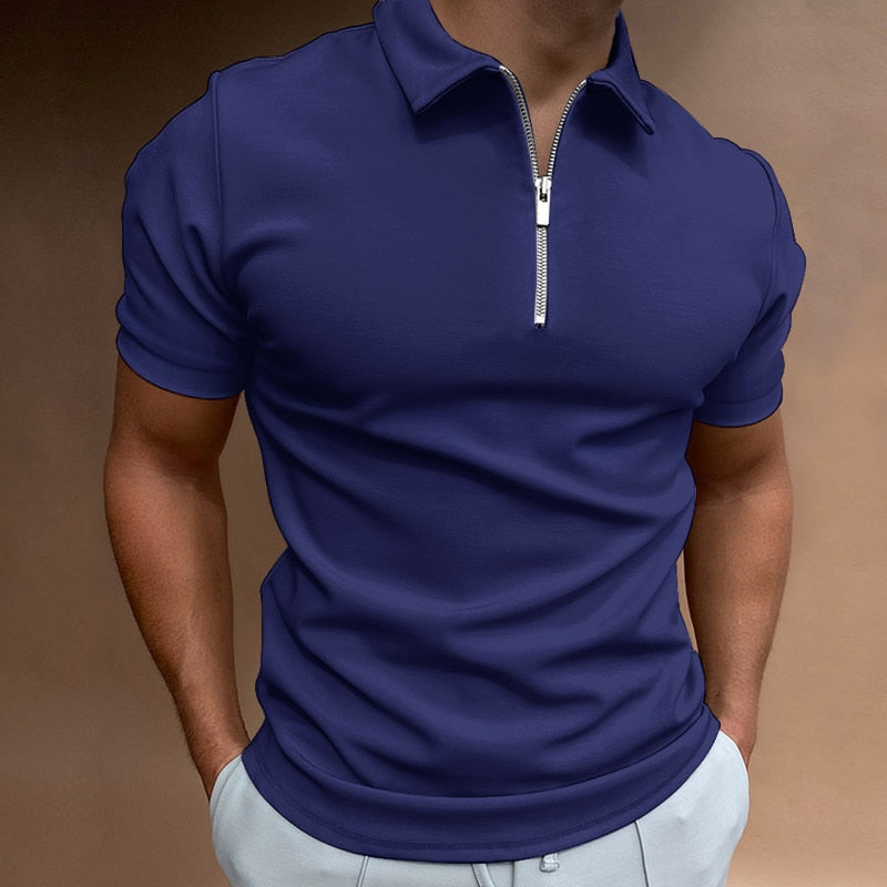 Zip-Up Polo Shirt - Oliver-Dark Blue-S-Nora Luxe