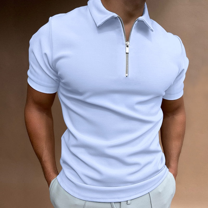 Zip-Up Polo Shirt - Oliver-Light Blue-S-Nora Luxe