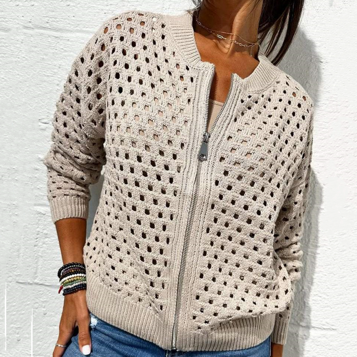Zipper cardigan with airy structure – Fenja-Beige-S-Nora Luxe