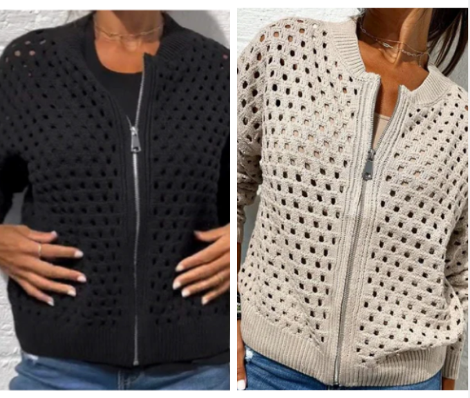 Zipper cardigan with airy structure – Fenja-Black-S-Nora Luxe