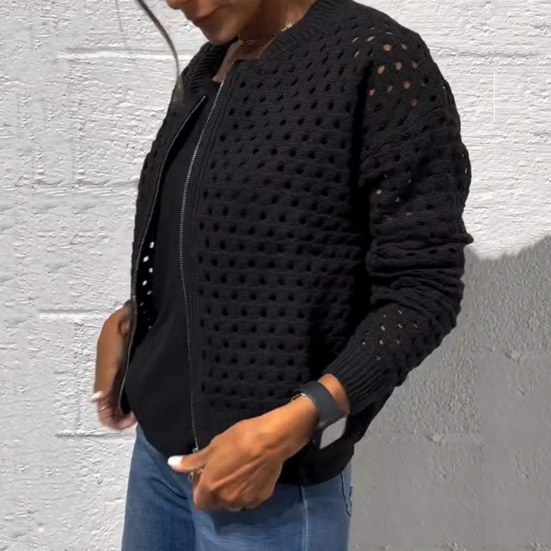 Zipper cardigan with airy structure – Fenja-Black-S-Nora Luxe