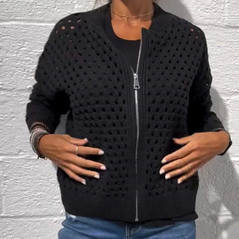 Zipper cardigan with airy structure – Fenja-Black-S-Nora Luxe
