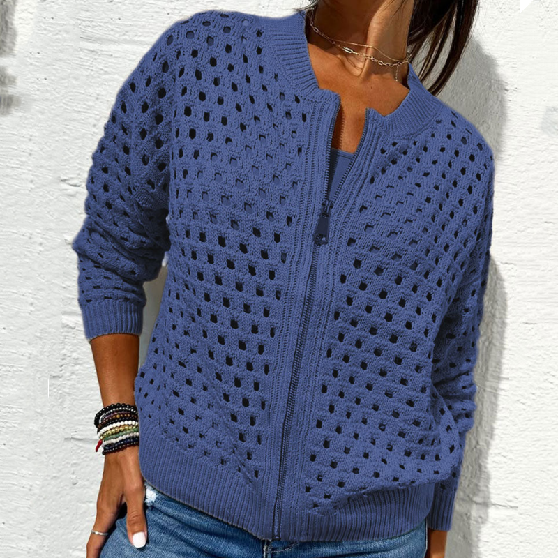 Zipper cardigan with airy structure – Fenja-Blue-S-Nora Luxe