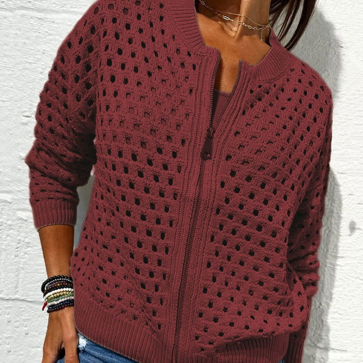 Zipper cardigan with airy structure – Fenja-Burgundy red-S-Nora Luxe