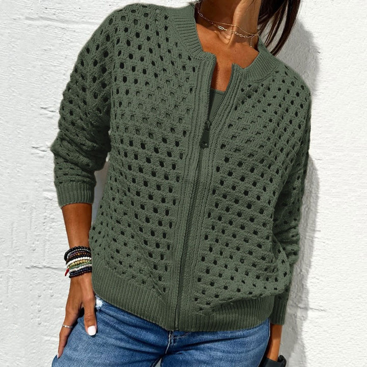 Zipper cardigan with airy structure – Fenja-Green-S-Nora Luxe