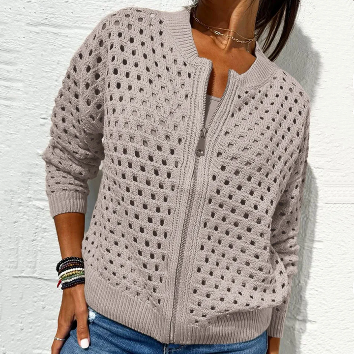Zipper cardigan with airy structure – Fenja-Khaki-S-Nora Luxe