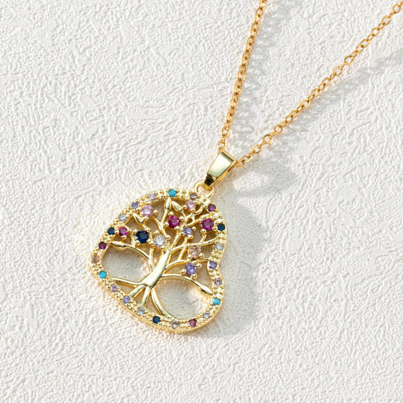 Zirconia Round Hollow Tree of Life Pendant - Necklace - Luna-Heart-shaped Colourful Zircon & Tree of Life-Nora Luxe