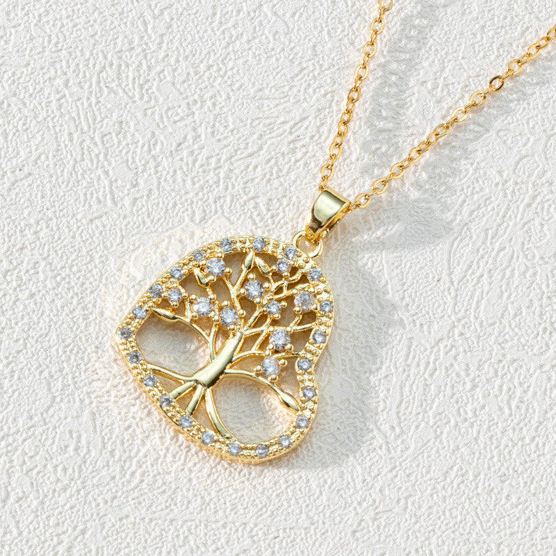 Zirconia Round Hollow Tree of Life Pendant - Necklace - Luna-Heart-shaped White Zircon & Tree of Life-Nora Luxe