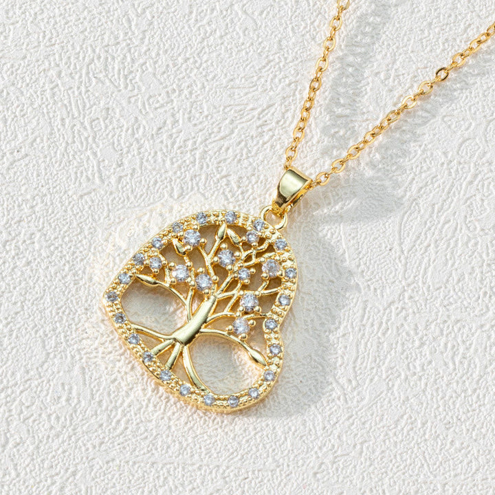 Zirconia Round Hollow Tree of Life Pendant - Necklace - Luna-Heart-shaped White Zircon & Tree of Life-Nora Luxe