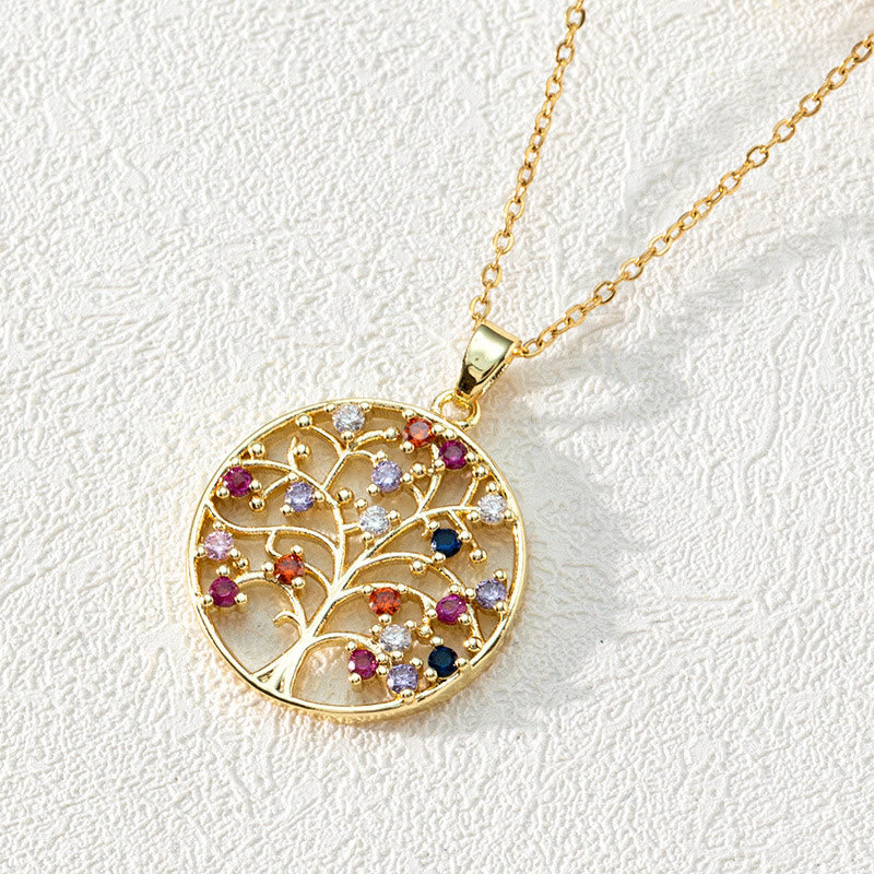 Zirconia Round Hollow Tree of Life Pendant - Necklace - Luna-Round Coloured Zirconia and Tree of Life #2-Nora Luxe