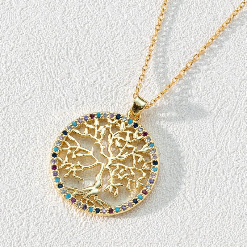 Zirconia Round Hollow Tree of Life Pendant - Necklace - Luna-Round Colourful Zircon and Tree of Life-Nora Luxe