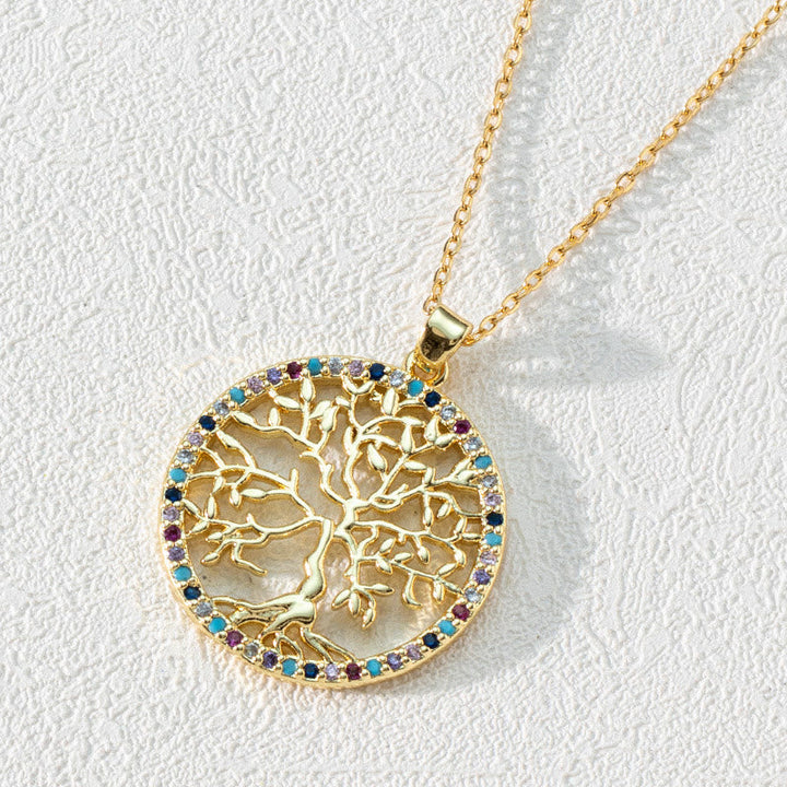 Zirconia Round Hollow Tree of Life Pendant - Necklace - Luna-Round Colourful Zircon and Tree of Life-Nora Luxe