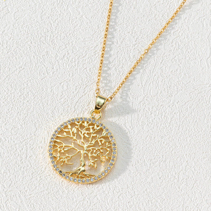 Zirconia Round Hollow Tree of Life Pendant - Necklace - Luna-Round White Zircon and Tree of Life-Nora Luxe