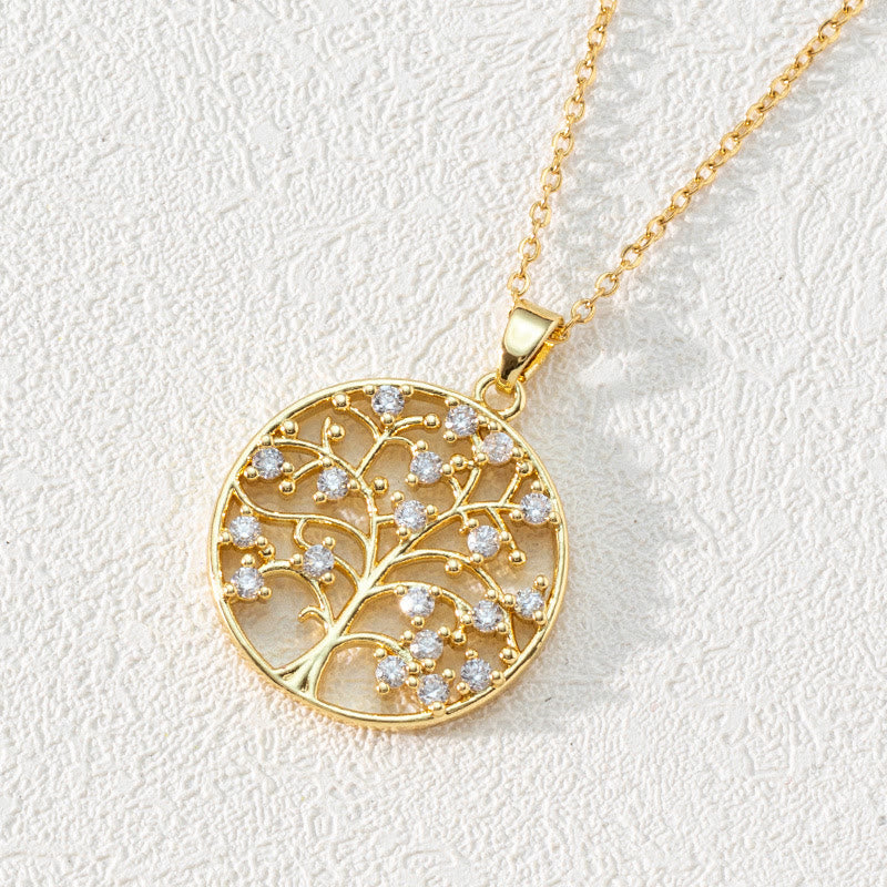 Zirconia Round Hollow Tree of Life Pendant - Necklace - Luna-Round White Zirconia and Tree of Life #2-Nora Luxe